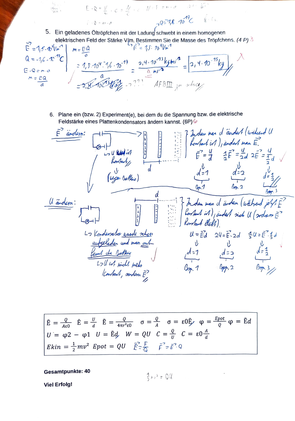 Documento da prova: Felder, Potentiale und Kondensatoren - Physik 123B 2025