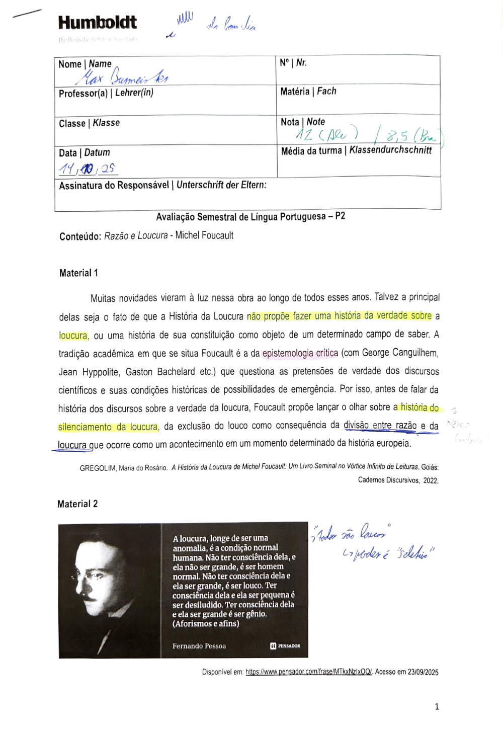 Primeira página de Razão e Loucura (Michel Foucault) - P2 Q2 123B