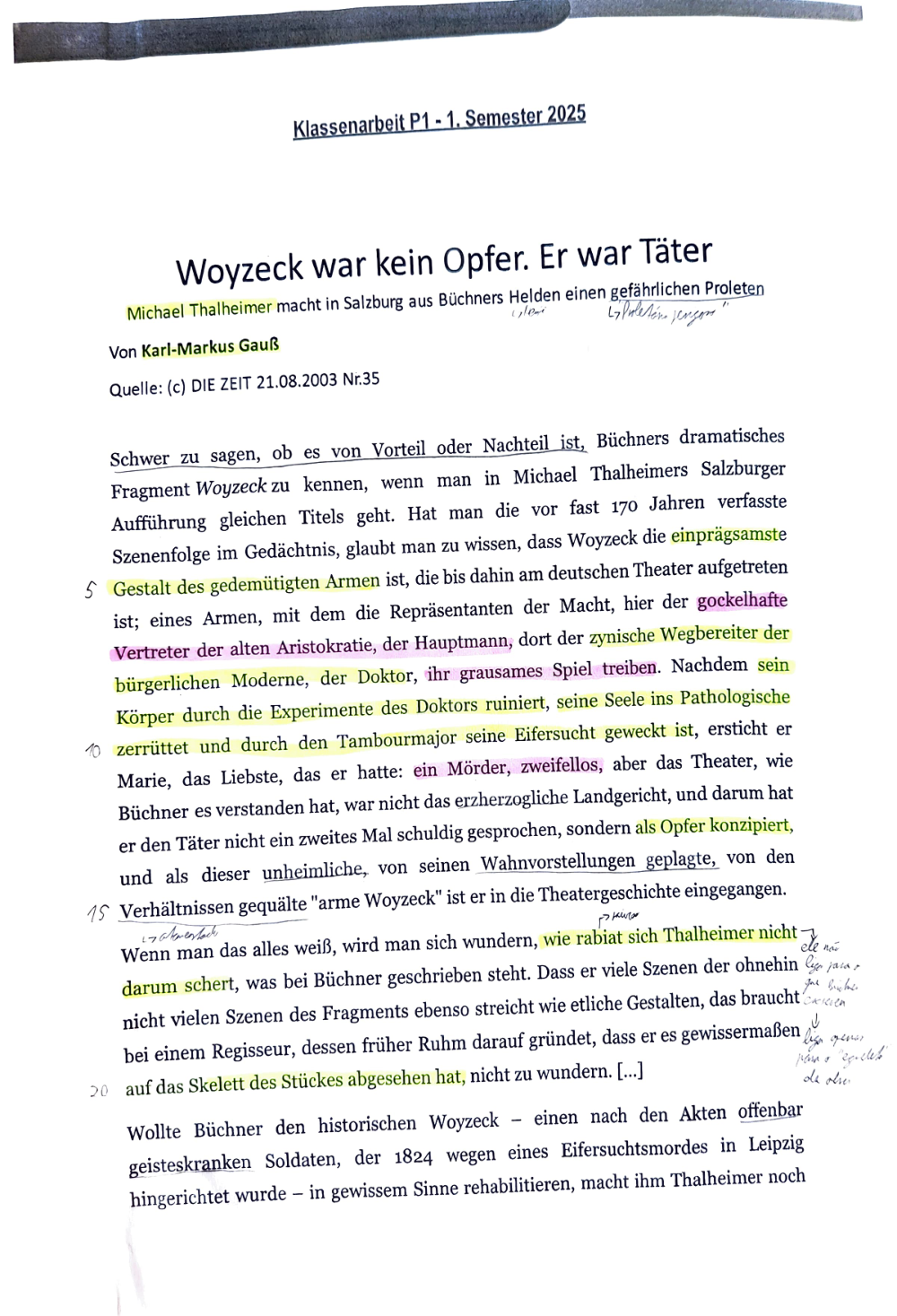 Documento da prova: "Woyzeck" von Georg Büchner - 123B 2025