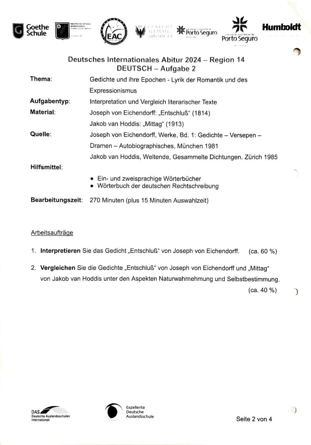 Documento da prova: Deutsches Internationales Abitur 2024 – Region 14 DEUTSCH – Aufgabe 2