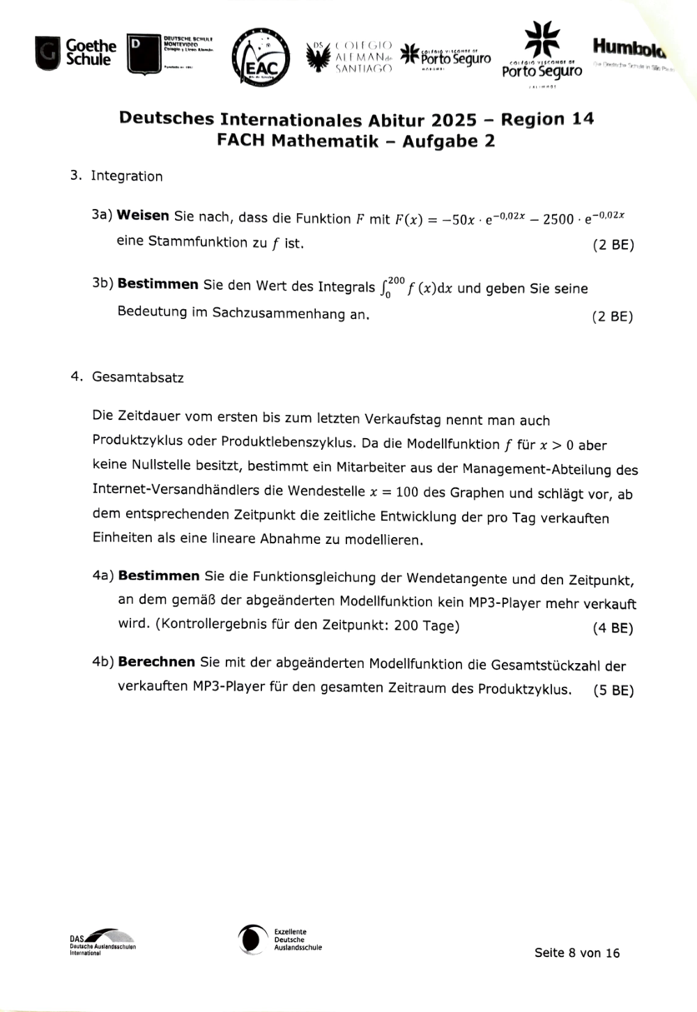 Documento da prova: Deutsches Internationales Abitur 2025 – Region 14 FACH Mathematik - Aufgabe 2