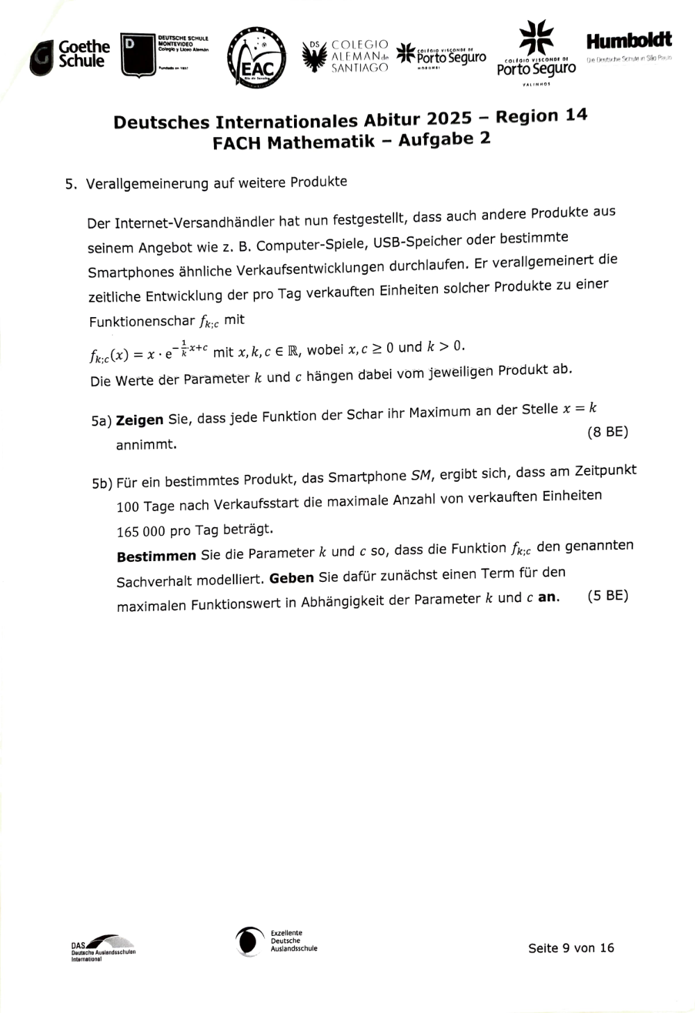 Documento da prova: Deutsches Internationales Abitur 2025 – Region 14 FACH Mathematik - Aufgabe 2