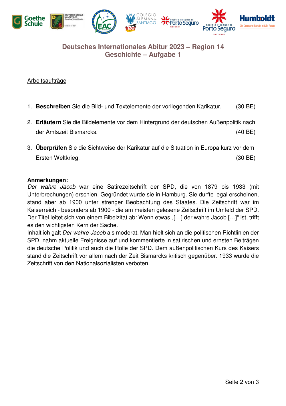 Documento da prova: Deutsches Internationales Abitur 2023 – Region 14  Geschichte – Aufgabe 1