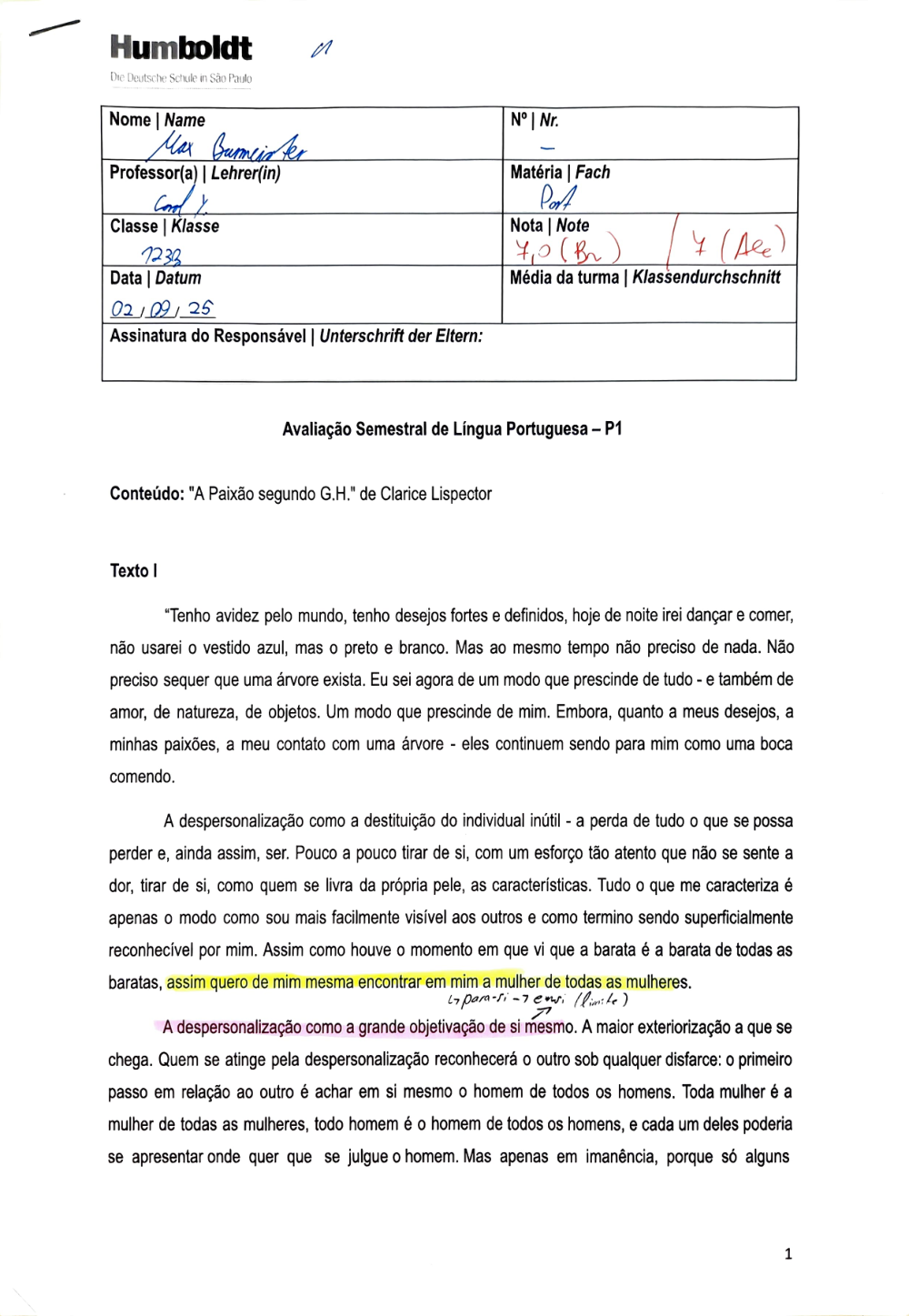 Primeira página de A Paixão segundo G.H. - P1 Q2 123B