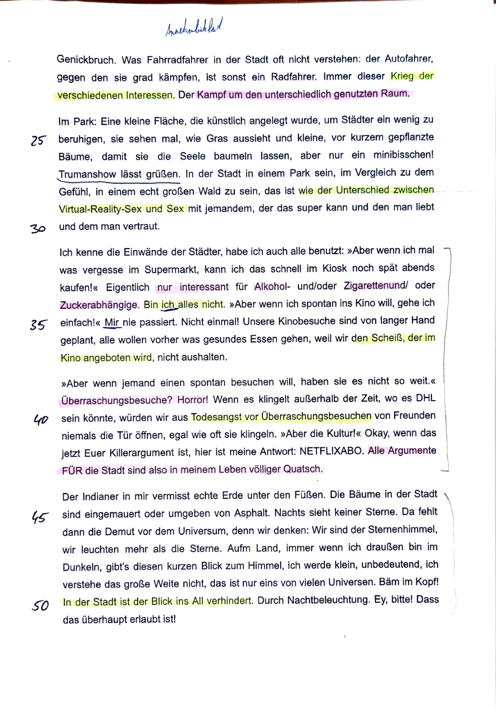 Documento da prova: "Verlasst die Städte!" (Textanalyse mit Erörterungsauftrag) - 123B 2025
